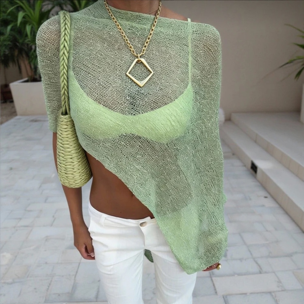 Oversized Light Green Sheer Knit Asymmetrical Top/Coverup perfect for beach.